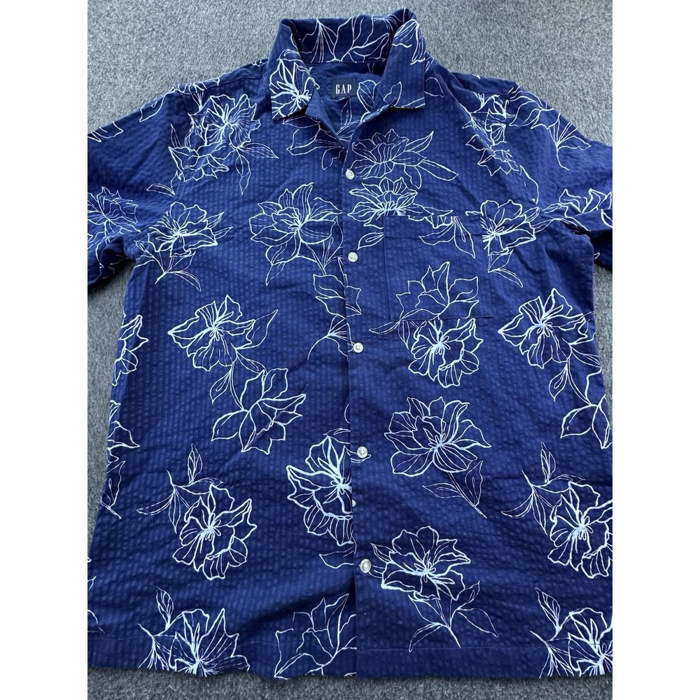 Gap Shirt Men Medium Blue Floral Striped Button Hawaiian Tropical Casual Comfort